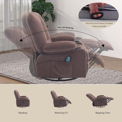 Rocker Recliner Chair with Massage and Heat, Oversized Rocking Nursery Recliners Overstuffed Swivel Glider with Cup Holder, Fabric Manual Single Sofa for Living Room, Beige