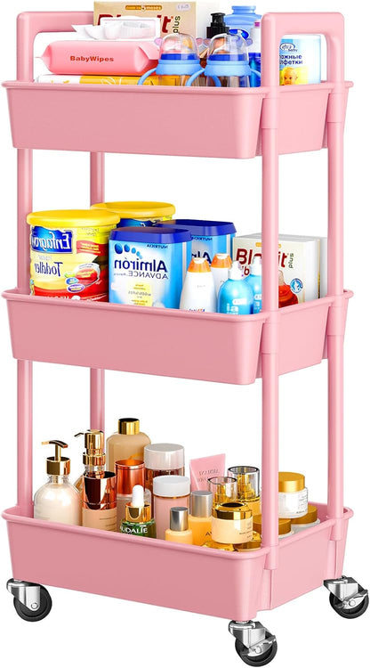 Pipishell 3 Tier Rolling Cart Organizer, Plastic Rolling Cart with Lockable Wheels & Reinforced Handle, Lightweight Utility Cart Storage Cart for Nursery, Kitchen, Bathroom, Craft Room, White, PIUC14W