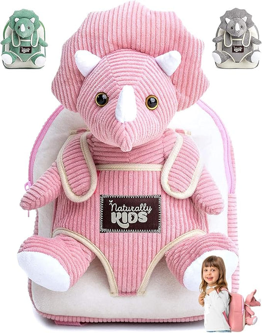 Naturally KIDS Pink Triceratops Toy, Triceratops Stuffed Animal for 2 3 4 5 Year Old Girl, Stuffed Dinosaur for Girls, Pink Toddler Backpack