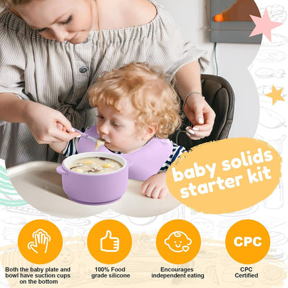 Teenyyou 9 Pcs Porcelain Kids Plates and Bowls Feeding Set with Suction, Ceramic Baby Toddler Divided Plates Silicone Sleeve Bowls Forks Spoons Cup Bib Microwave Dishwasher Safe(Pastels)