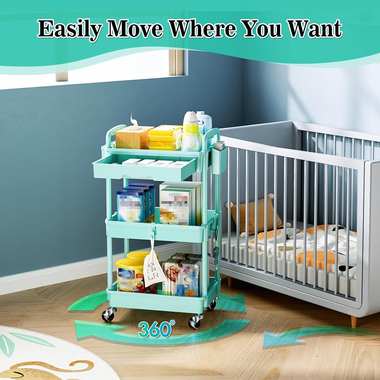 SUNALLY 3 Tier Rolling Cart with Drawer, Bathroom Storage Organizer with 2 Lockable Wheels, Multifunctional Rolling Storage Cart for Bathroom, Kitchen, Office, Craft, Makeup, Baby Essentials, White