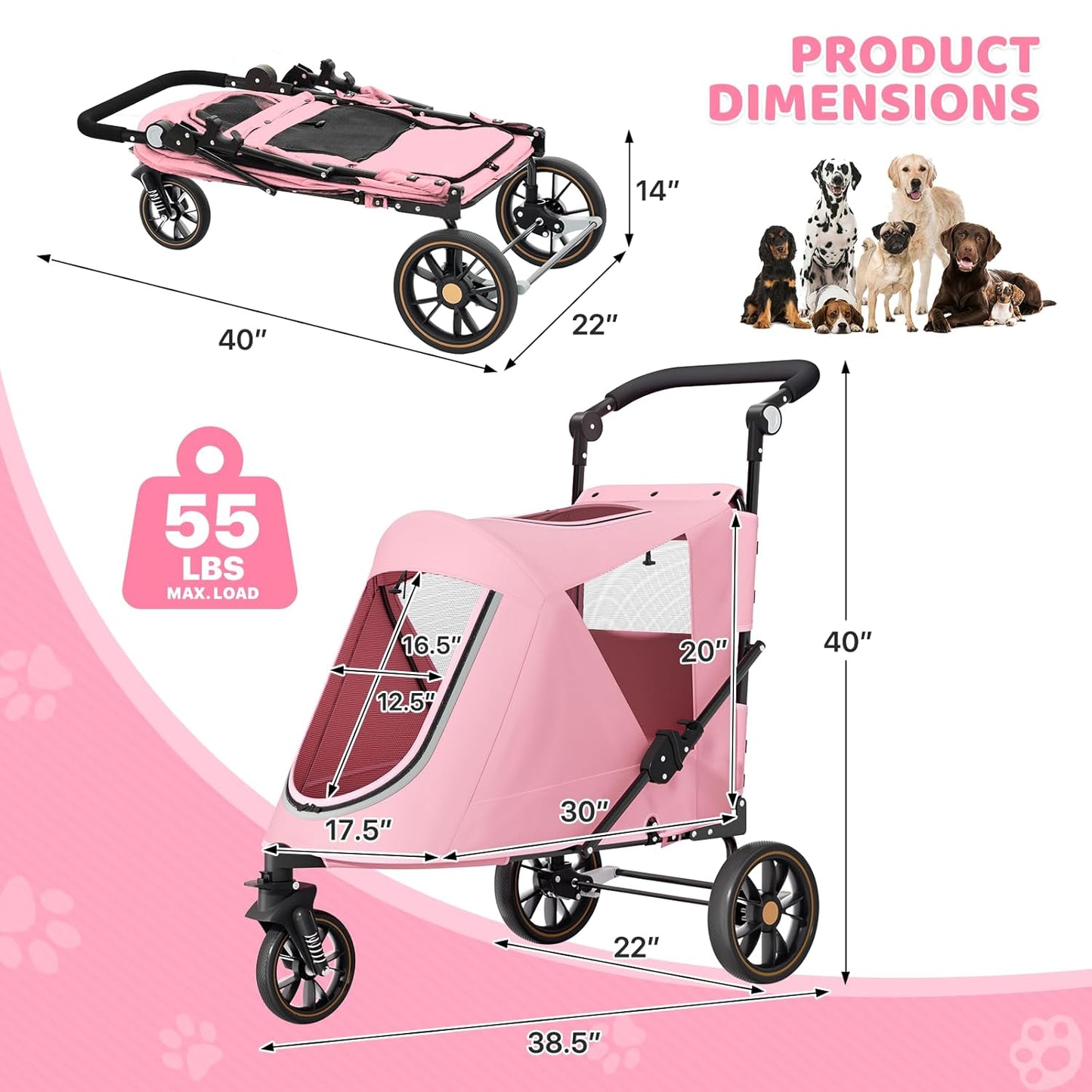 Magshion Compact Pet Stroller for Small-Medium Dogs/Cats up to 22lbs, 4-Wheel Lightweight Umbrella Shaped Portable Puppy Travel Jogger with Breathable Mesh, Cup Holder & Rear Storage, Black