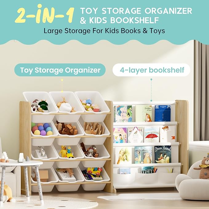 EXPERLAM Kids Toy Storage Organizer - Toy Organizer with Bookshelf, Toy Storage with 12 Toy White Bins and 4 Book Shelves, Toy Organizers and Storage for Playroom, Nursery, Kids Room, Burlywood