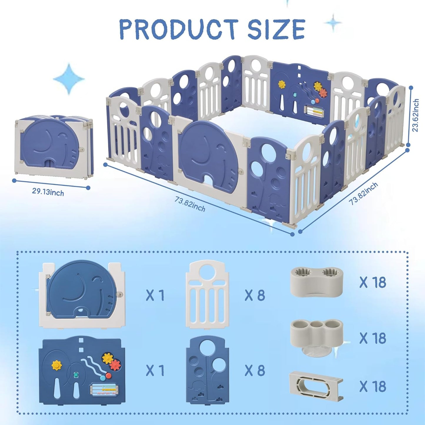 Baby Playpen, 14-Panel Foldable Play Pen for Babies and Toddlers, Indoor Outdoor Baby Fence with Sensory Play Panel, Adjustable Shape Activity Play Center, Portable & Easy Assemble