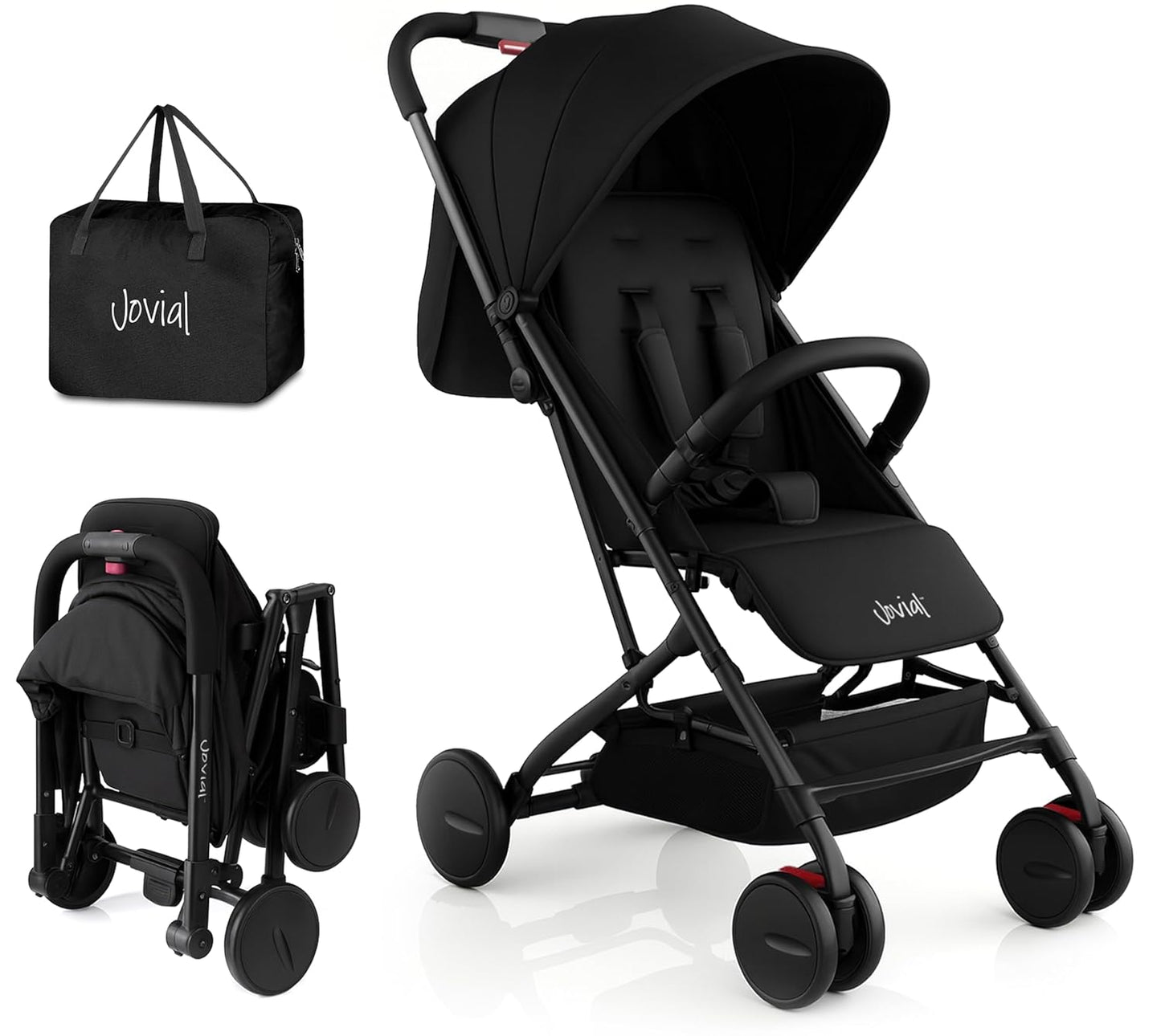 Jovial Lightweight Baby Stroller, Folding Travel Stroller with Reclining Seat, Canopy, 5-Point Safety Harness, Storage Basket, Smooth Wheels, Compact Portable Design (39.8" x 18.7" x 32.3")