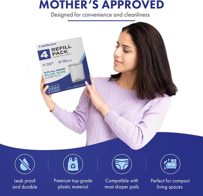 COMFICOVE Refills Compatible with DEKOR PLUS Diaper Pails | 4 Pack | Extra Thick Diaper Pail Refill Liners | Fresh Scent | Easy to Replace and Dispose of Diaper Bag | Odorless Baby Diapers Disposal
