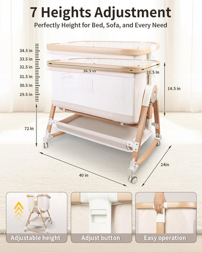 suihuooo 4 in 1 Baby Bassinet, Bassinets Bedside Sleeper with Wheels and Storage Basket, Adjustable 7 Heights Bedside Sleeper with Mosquito Net, Breathable Mesh Rocking Bassinet for Baby