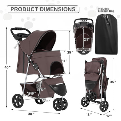 MoNiBloom Foldable Pet Stroller with Weather Cover, 3 Wheels Pet Strolling Cart for Small/Medium Dogs and Cats with Storage Basket and Cup Holder, Breathable and Visible Mesh for All-Season, Black
