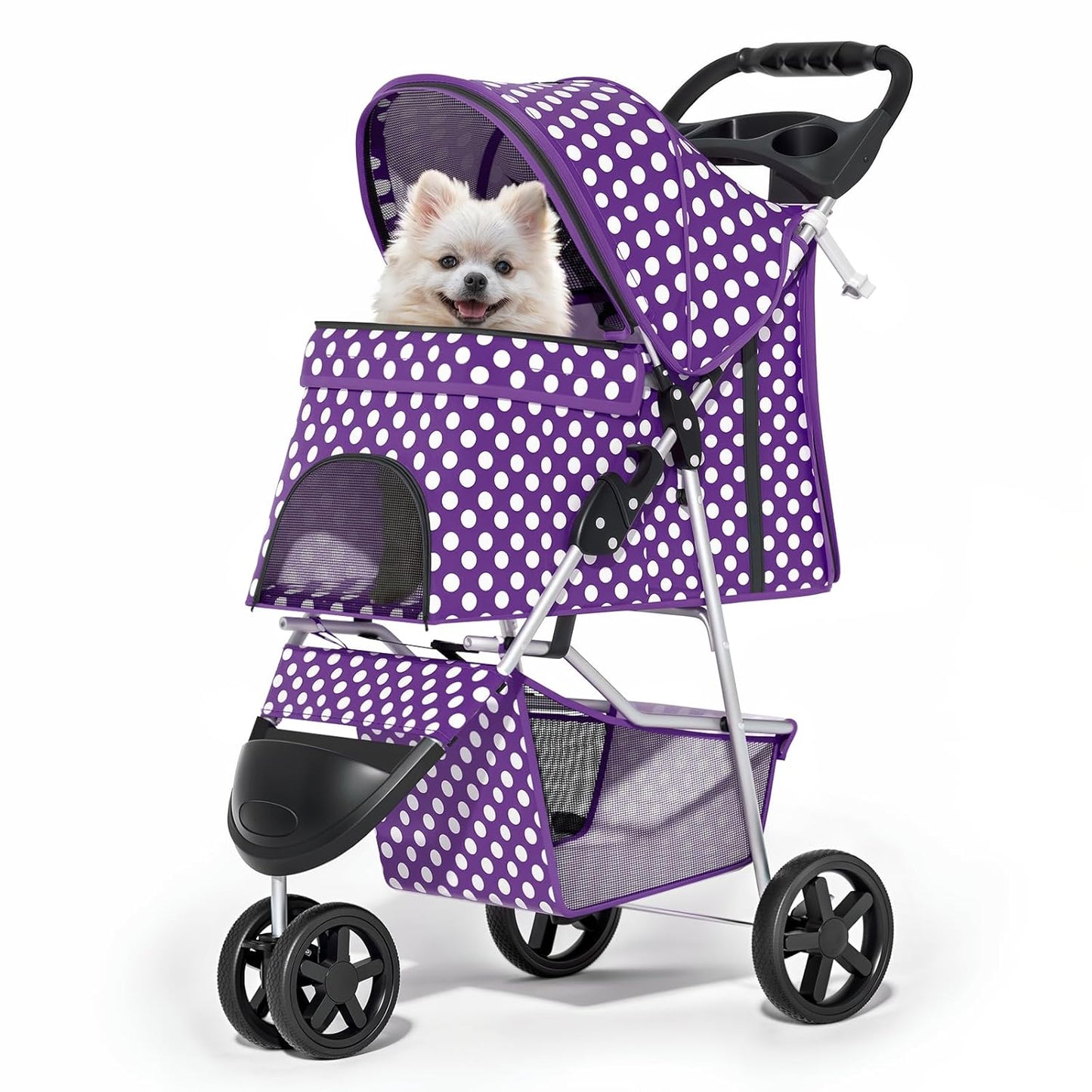 MoNiBloom Foldable Pet Stroller with Weather Cover, 3 Wheels Pet Strolling Cart for Small/Medium Dogs and Cats with Storage Basket and Cup Holder, Breathable and Visible Mesh for All-Season, Black