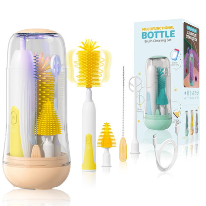IvyWind Electric Travel Baby Bottle Brush Set with Storage Box, Automatic Bottle Cleaner Brush Kit with Silicone Bottle/Nipple/Straw Brush, Milk Frother Electric and Drainage Rack, Rechargeable, Green