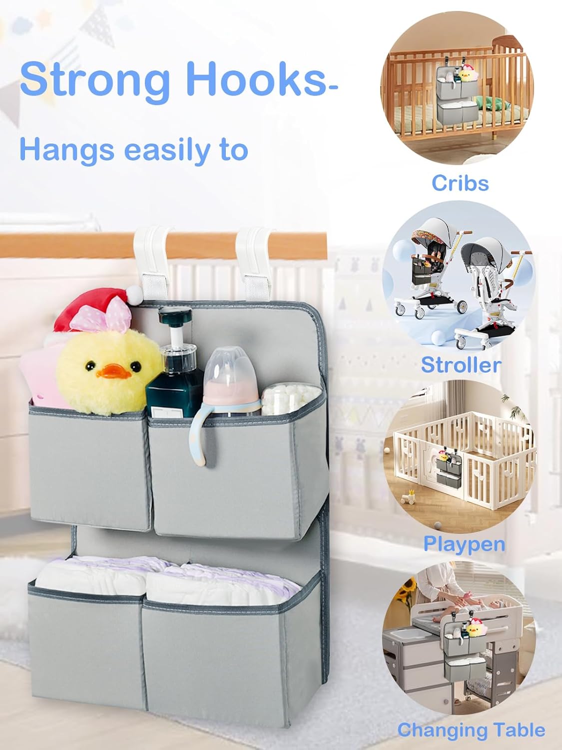 Hanging Diaper Organizer for Crib/Playpen/Bassinet – Hold 80+ Diapers - 4 Deep Pockets-H19in x L15 in Changing Table Diaper Holder - Hanging Diaper Storage Stacker Nursery Caddy - Gray
