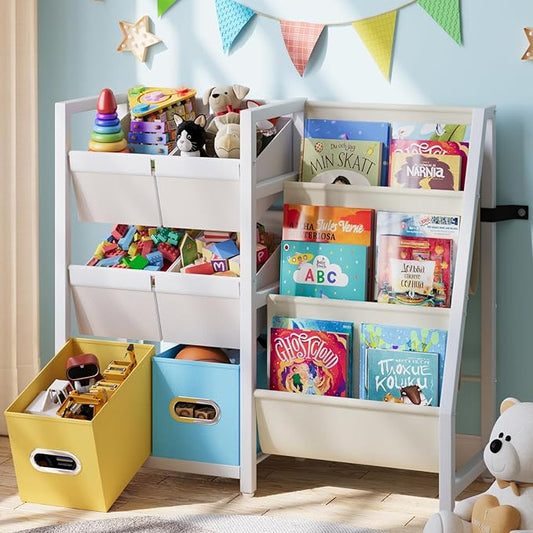 LATIBELL Kids Bookshelf Toy Storage Organizer - Book Shelf for Kid Rooms, 6 Toy Bins for Kid Organizer and 3 Sling Kids Bookcase, Toddler Baby Montessori Nursery Bookshelf Childrens Book Rack Display
