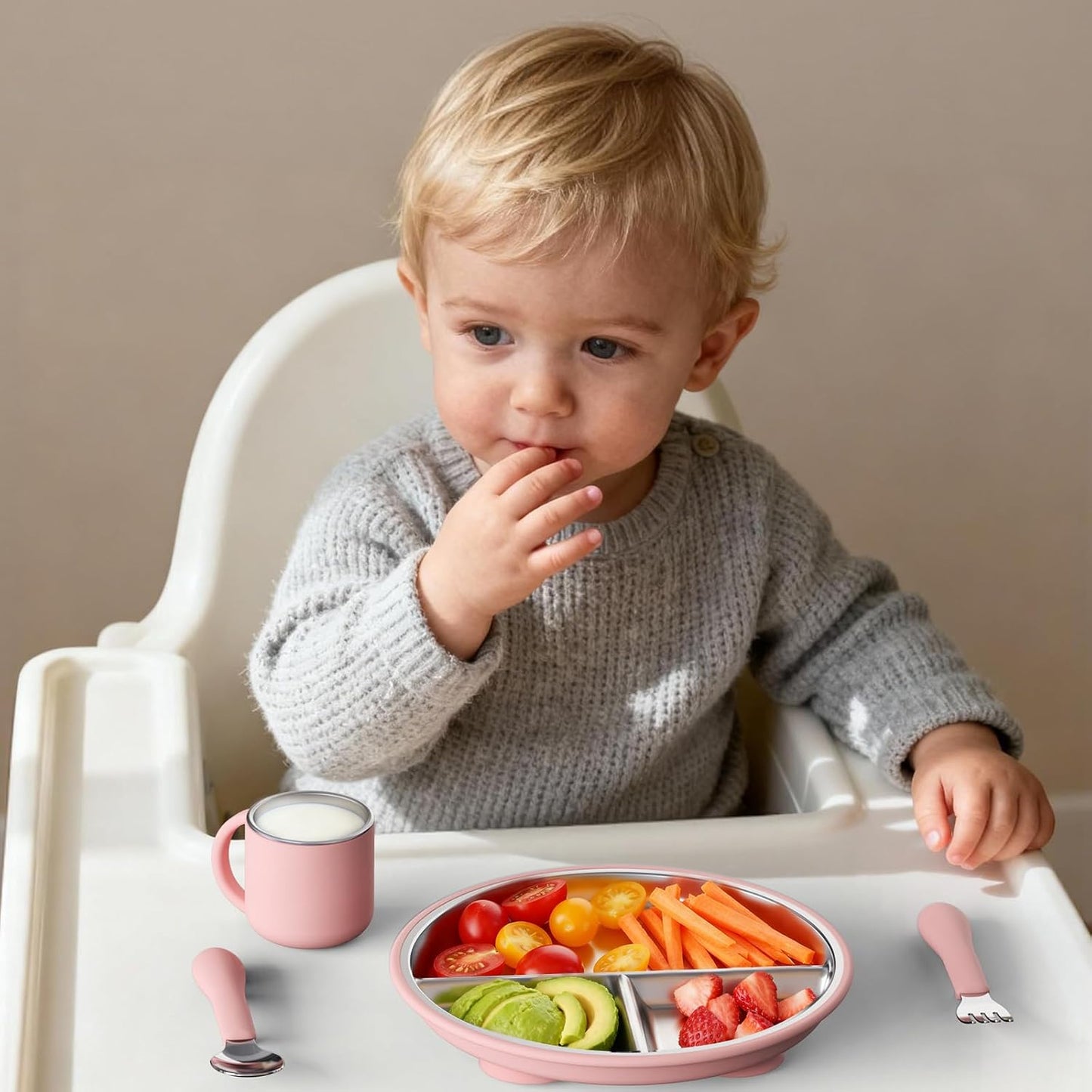 Bakpoco Stainless Steel Toddler Plate with Suction, 9” Divided Plates with Removable Silicone Sleeves for Kids, Non Toxic & BPA Free | Non Slip | Unbreakable Baby Snack Dishes Set of 2, Blue & Gray
