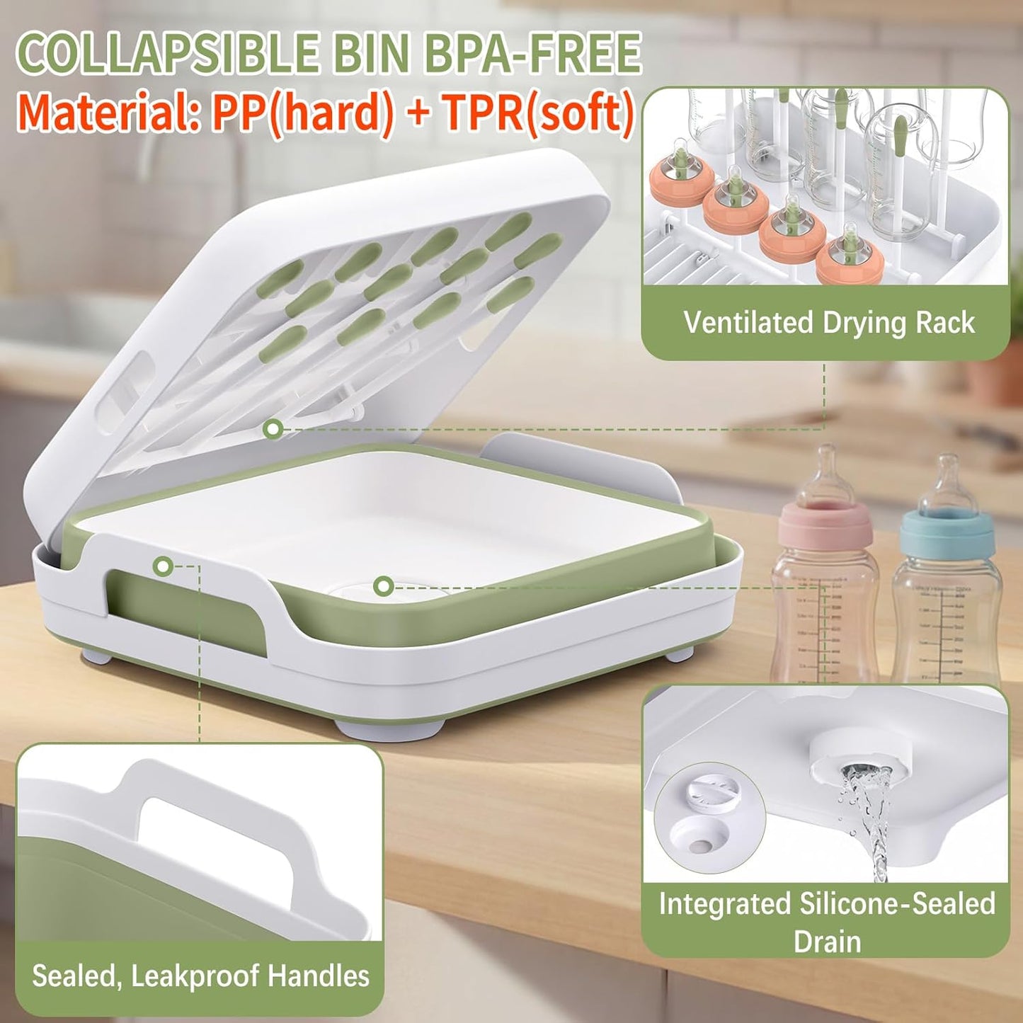 Yecuip Collapsible Wash Basin for Baby Bottles with Drying Rack – 2.4 Gallon Foldable Dish Tub with Handles, Portable RV Camping Sink & Space-Saving Wash Bin with Lid for Kitchen, Travel & Outdoor