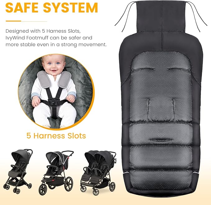 IvyWind Stroller Footmuff Universal, Warm Stroller Cover for Winter, Waterproof Baby Stroller Bunting Bag, Toddler Stroller Winter Sack for Cold Weather, Black