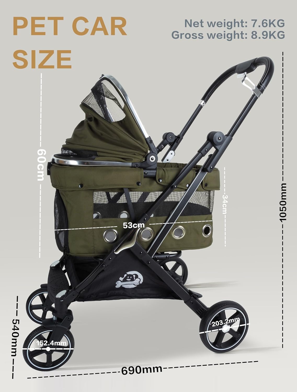 JK Pawadore 4 Wheels Pet Stroller Best Lightweight Foldable Portable Secure Easy Lock NO-Zip 180 ̊ Canopy Sun Shades Waterproof for Small/Medium Dogs 33lbs with Large Storage Basket (Khaki)