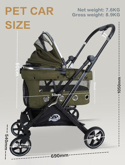 JK Pawadore 4 Wheels Pet Stroller Best Lightweight Foldable Portable Secure Easy Lock NO-Zip 180 ̊ Canopy Sun Shades Waterproof for Small/Medium Dogs 33lbs with Large Storage Basket (Khaki)