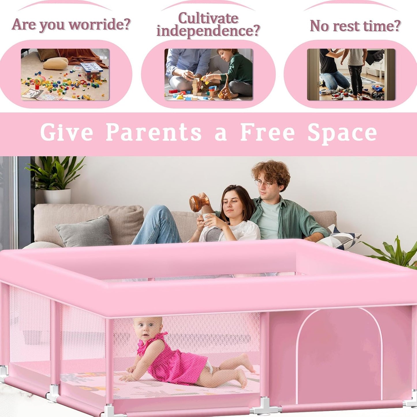 Baby Playpen with Mat, 50x50 Inch Playpen with Mat Waterproof for Babies and Toddlers Play Pen Playards Safety Gate Fence Active Center Indoor