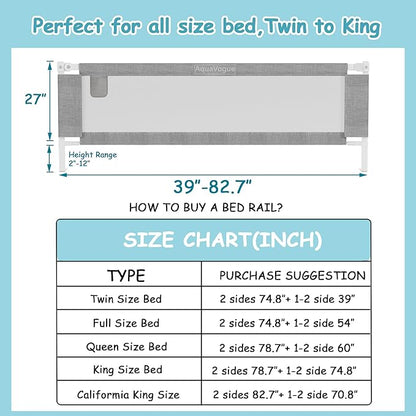 3-Pack King Size Bed Rails for Toddlers -Height Adjustable Baby Bed Rail Guard Specially Designed for King Size Bed (78.7"x78.7"x74.8"-Grey)