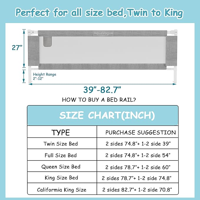3-Pack Twin Size Bed Rails for Toddlers -Height Adjustable Baby Bed Rail Guard Specially Designed for Twin Size Bed (74.8"x74.8"x39"-Grey)