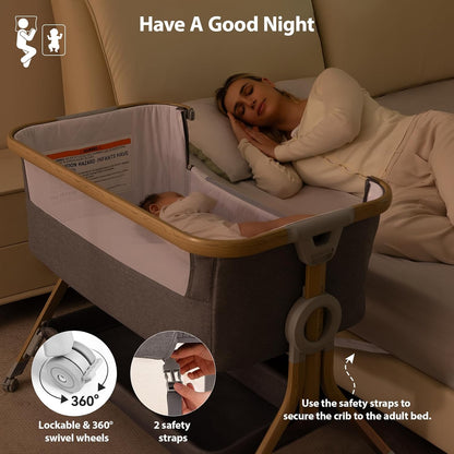 Larex Baby Bassinet Bedside Sleeper Crib Co Sleeper for Newborn Infant Toddler with Mosquito Net, Storage Bag & Basket, 5-Height Adjustable, Movable Wheels, Breathable Mattress & Mesh (Dark Gray)