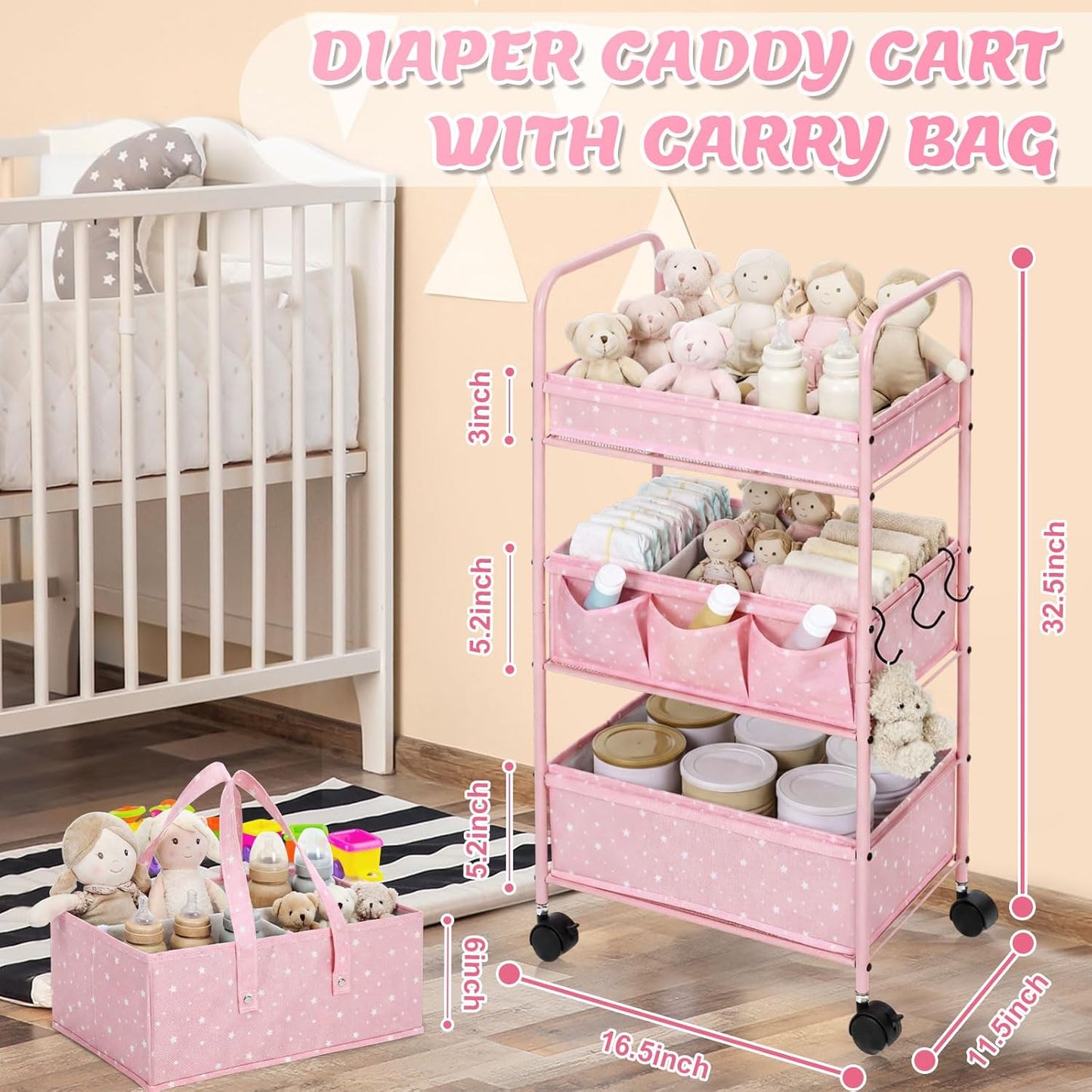 Yookeer 2in1 Baby Diaper Caddy Organizer Cart 3 Tier Large Capacity Metal Utility Bedside Rolling Cart with Divider Newborn Registry Gift Nursery Essential Must Have Bedroom Baby Shower(Gray,Star)