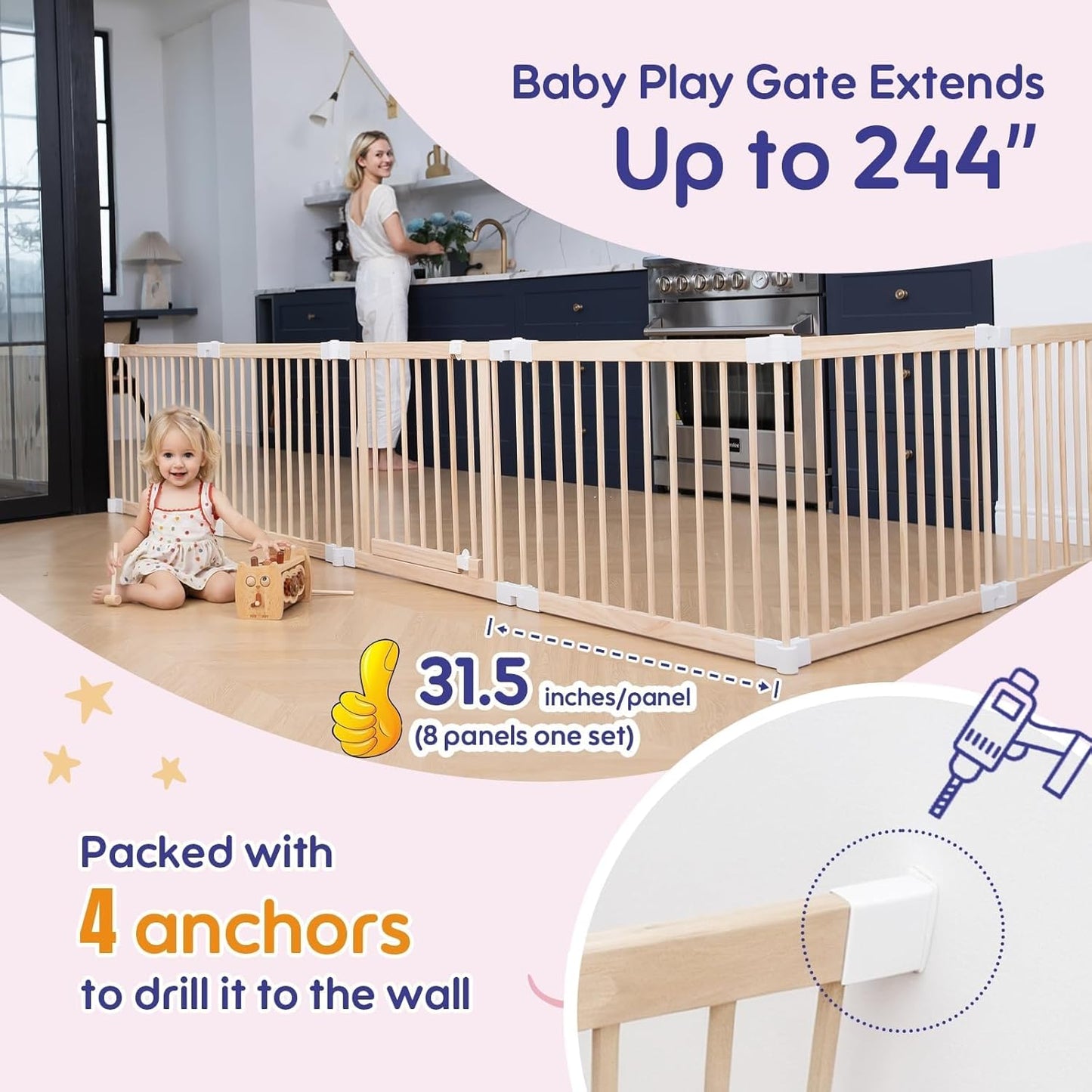 Foldable Wooden Baby Playpen Large Play Yard for Babies, 2-in-1 New Mom Helper Portable Fence, 25" Tall Custom Wood Gate with Adjustable Size & Shape for Infants 3-18 Months -63x63x25 inch