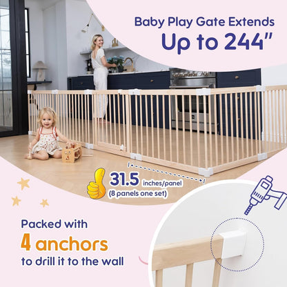 Foldable Wooden Baby Playpen Large Play Yard for Babies, 2-in-1 New Mom Helper Portable Fence, 25" Tall Custom Wood Gate with Adjustable Size & Shape for Infants 3-18 Months -63x63x25 inch
