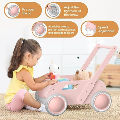 HOMEKOL Wooden Baby Walker,Baby Push Walker, Adjustable Speed Baby Walker for Boys and Girls, Baby Activity Center, Gift for Birthday, Christmas and New Year Pink
