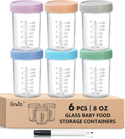 DRKIO 6 Pack Glass Baby Food Storage Containers - 4 Oz Baby Food Jars with Lids Baby Food Maker Microwave Dishwasher Freezer Safe 100% Leak Proof BPA Free Reusable