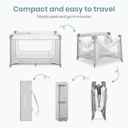 Dream On Me Zodiak Baby Playard, Breathable Mesh Sides, Soft Comfortable Mattress, Quick & Easy to Fold with Travel Carry Bag, Compact Space Saving Design - Grey/Green