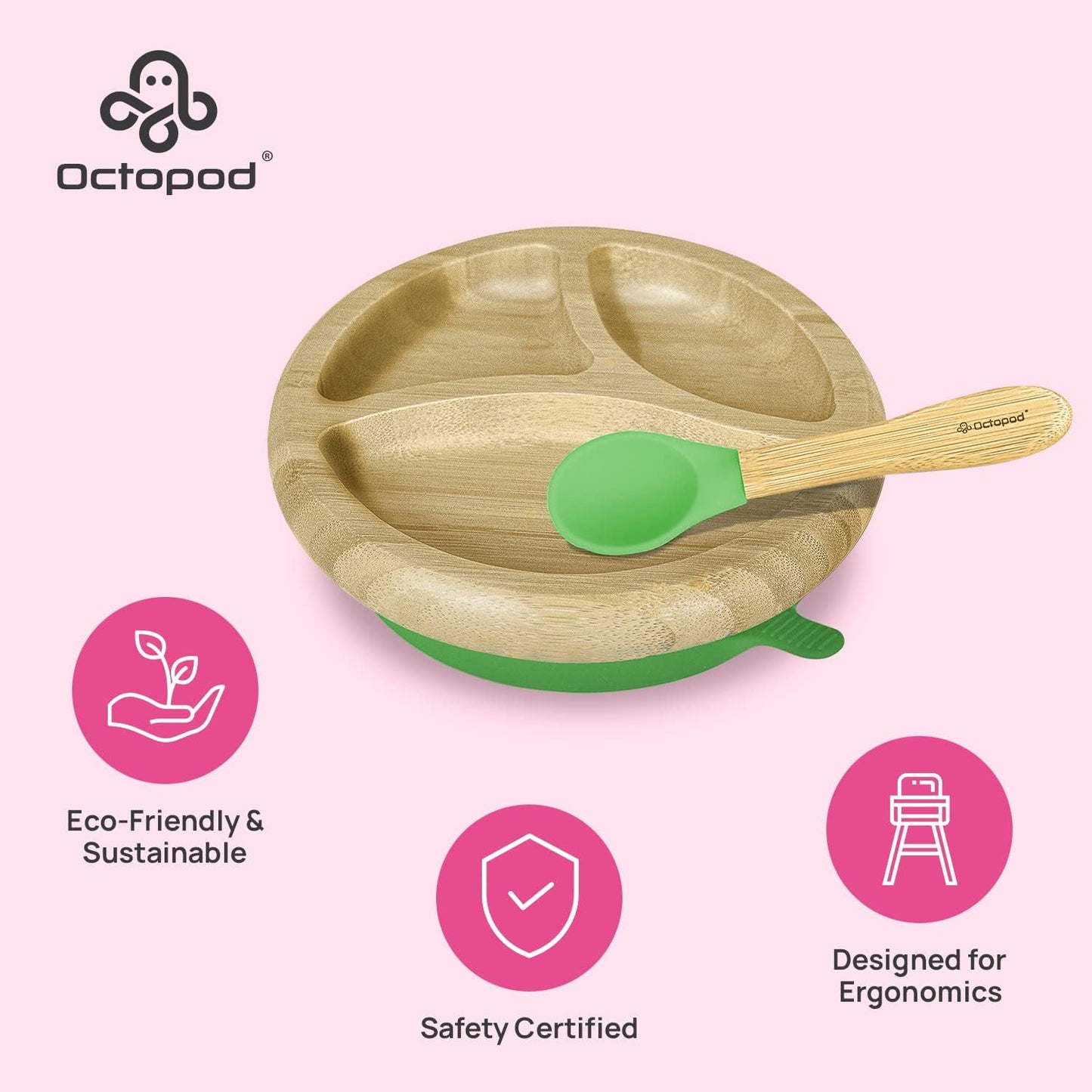 Abiie Octopod Bamboo Dish - Kids Plates for 4 months and up, 3-Compartment Baby Plates with Suction, Triangle Bamboo Baby Plate, Mess-Free Toddler Suction Plates, Baby Feeding Supplies, 8.3x1.9x7.7 in