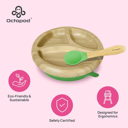 Abiie Octopod Bamboo Dish - Kids Plates for 4 months and up, 3-Compartment Baby Plates with Suction, Triangle Bamboo Baby Plate, Mess-Free Toddler Suction Plates, Baby Feeding Supplies, 8.3x1.9x7.7 in