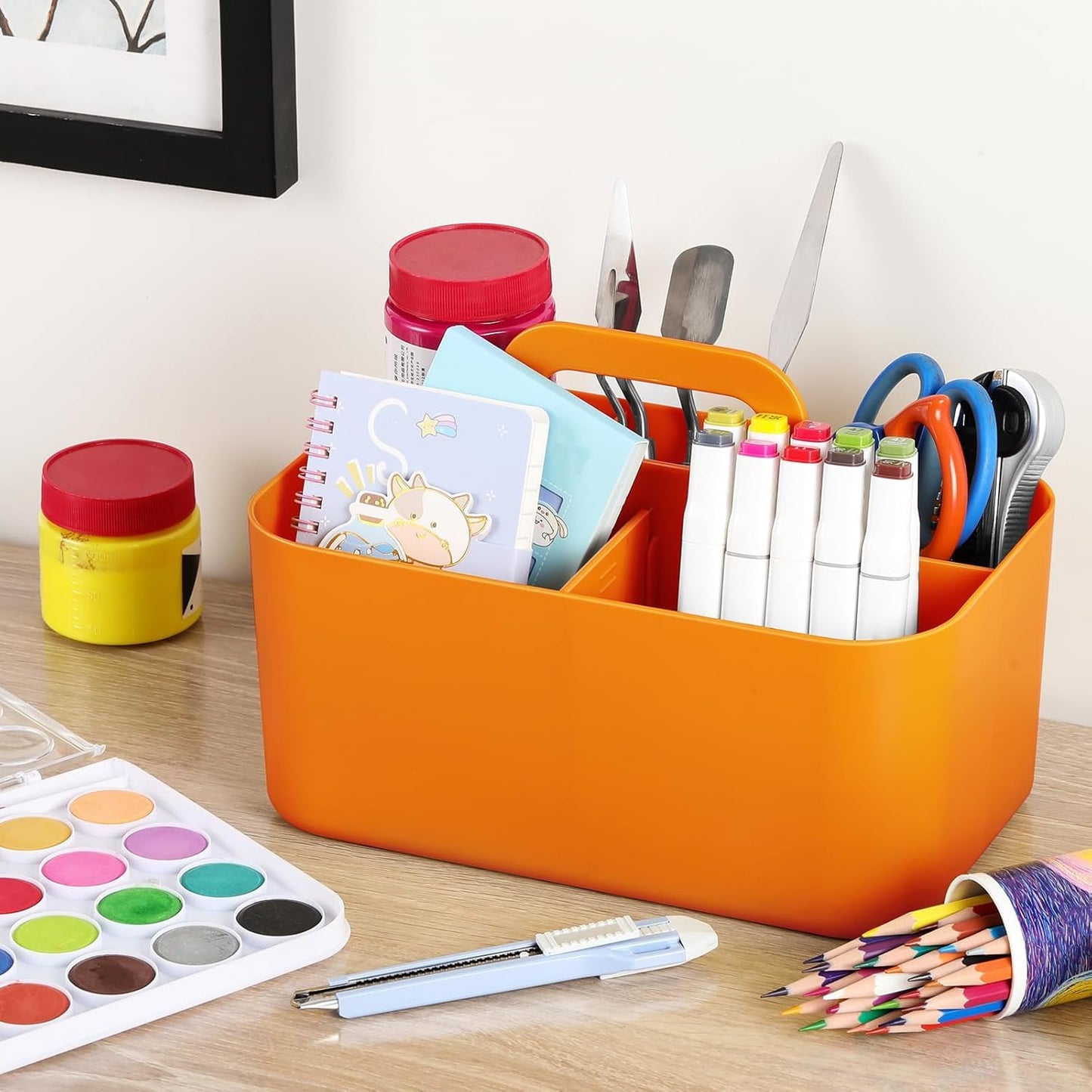 Multiuse Caddy Organizer with Handle, Portable Divided Plastic Tote Bin - Art Craft, Stationary Pen Marker Crayons, Makeup Hair Supplies Storage - Bathroom, Classroom, Dorm, Office, Desk Holder - Pink