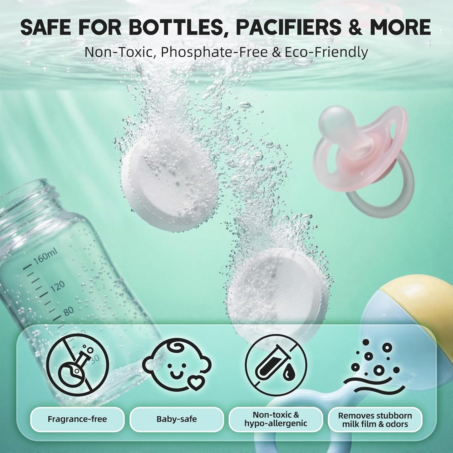 Baby Bottle Washer Detergent Tablets, 150 Count Fast-Dissolving Gentle Formula, Removes Milk Residue Grease & Odor, Compatible with All Brands, for Washer Sterilizer Dryer