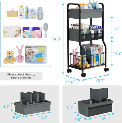 3-tier Baby Diaper Caddy Organizer and Storage Cart with 4+3 Dividers, Metal Utility Cart with Lockable Wheels for Nursery, Bedroom, Bathroom, White