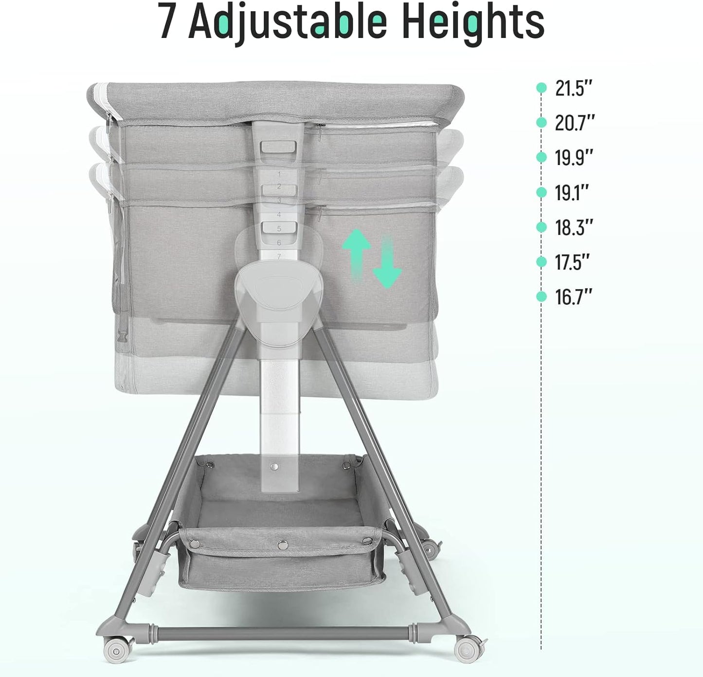 Cowiewie Bassinet Bedside Sleeper, Baby Bassinet with 7 Adjustable Height, Bedside Bassinet for Baby with Storage, Breathable Mesh & Mattress, Portable Bassinet Easy Folding (Pyramid Light Gray)