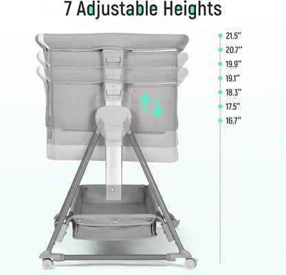 Cowiewie Bassinet Bedside Sleeper, Baby Bassinet with 7 Adjustable Height, Bedside Bassinet for Baby with Storage, Breathable Mesh & Mattress, Portable Bassinet Easy Folding (Pyramid Light Gray)