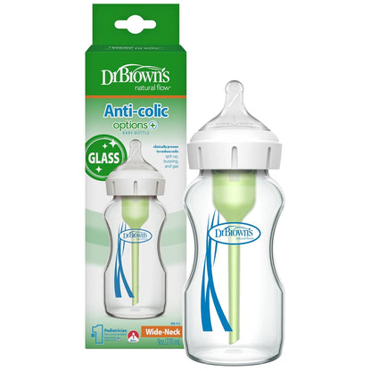 Dr. Brown's Anti-Colic Options+ Wide-Neck Glass Baby Bottle 9 oz/270 mL, with Level 1 Slow Flow Nipple, 1 Pack, 0m+ (Packaging May Vary)