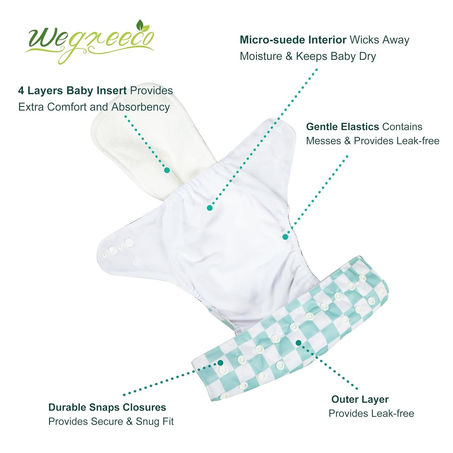 wegreeco Cloth Diapers 6 Pack with 6 Inserts & 1 Wet Bag, Washable Cloth Diapers for Babies, One Size Adjustable Reusable (Flower)