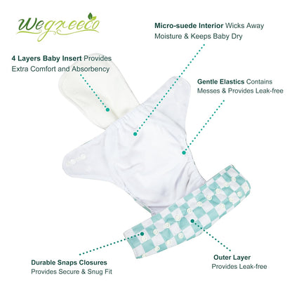 wegreeco Cloth Diapers 6 Pack with 6 Inserts & 1 Wet Bag, Washable Cloth Diapers for Babies, One Size Adjustable Reusable (Flower)