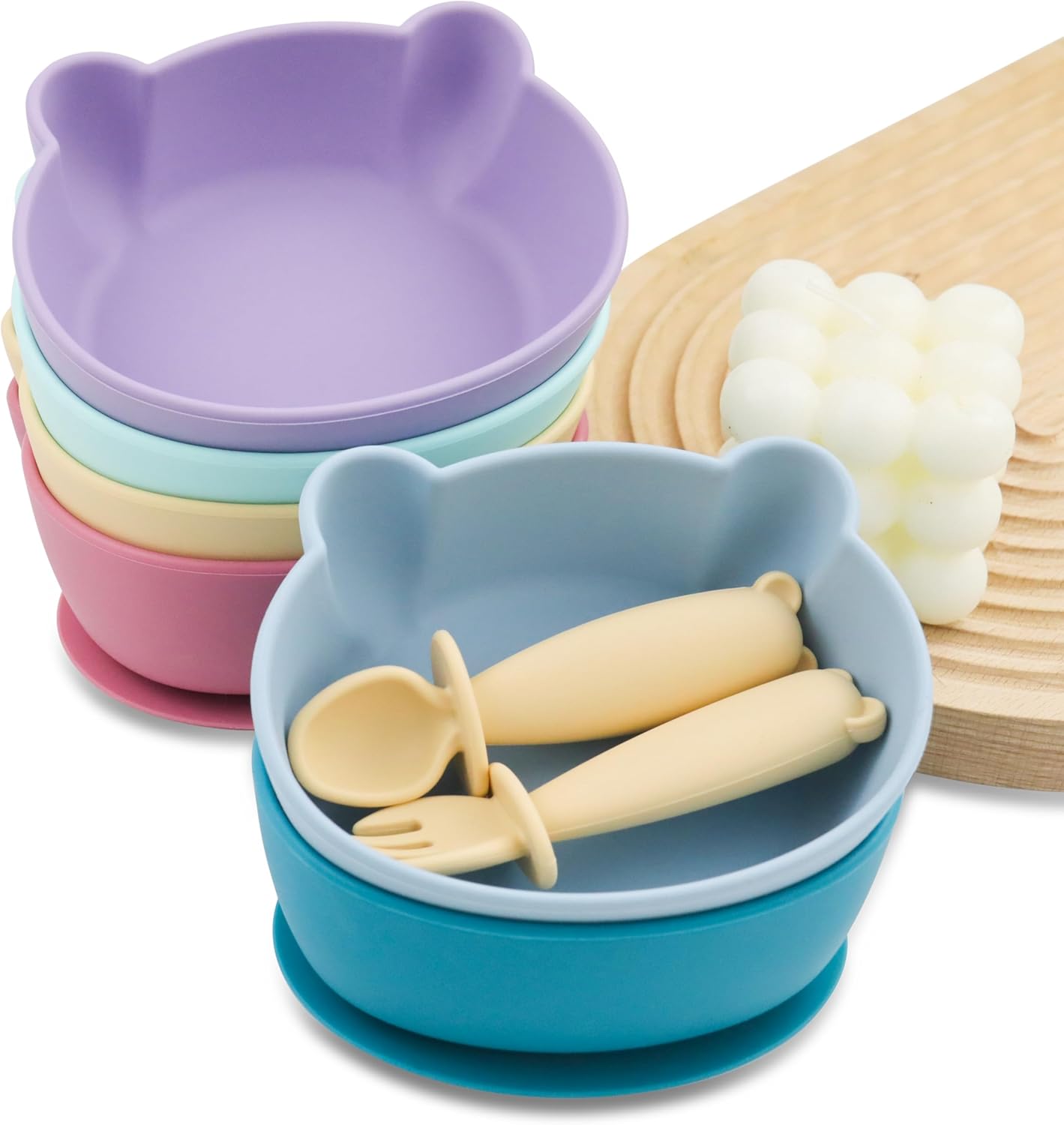 Silicone Bear Shaped Baby Bowl with Suction, Spoon & Fork for Babies 6+ Months, Infant Feeding BLW Baby Essentials Must Haves, BPA Free, Dishwasher Safe (Very Bear)