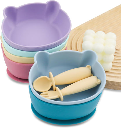 Silicone Bear Shaped Baby Bowl with Suction, Spoon & Fork for Babies 6+ Months, Infant Feeding BLW Baby Essentials Must Haves, BPA Free, Dishwasher Safe (Very Bear)