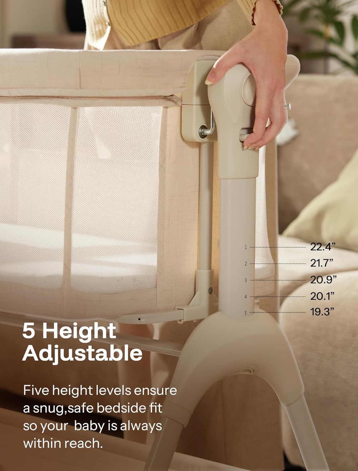 HARPPA Cuddly Sway Baby Bassinet Bedside Sleeper, 3 in 1 Rocking Bassinet with Mattress and Soft Cover, Full Mesh Sides, 5 Height Adjustable with Wheels for Newborns, Beige