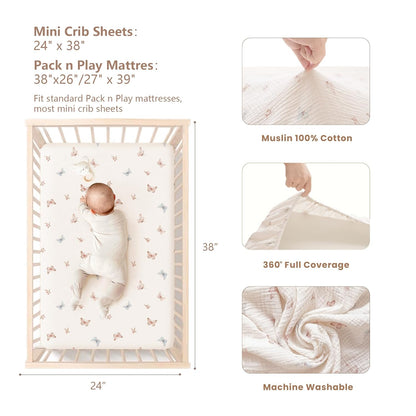 Konssy Muslin Mini Crib Sheets, 100% Soft Cotton Pack and Play Sheets for Pack N Play Mattress, Playard Baby Crib Sheets for Baby Girls (Floral, Pink)