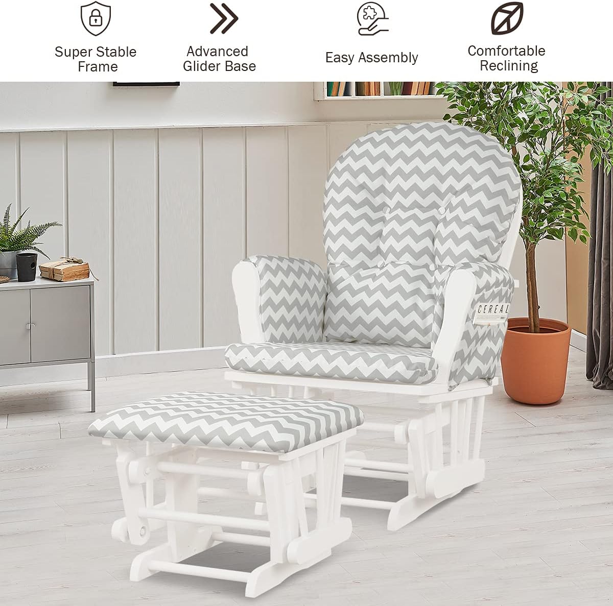 Costzon Nursery Glider with Ottoman, Upholstered Comfort Glider Rocker with Padded Cushion, Storage Pocket, Solid Wood Base, Rocking Chair Nursery for Breastfeeding, Napping (Light Gray)