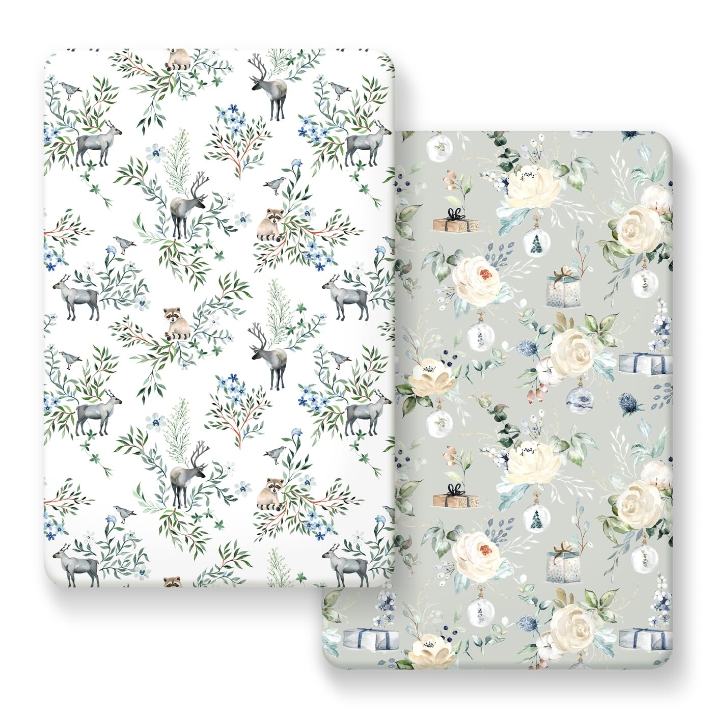 GRSSDER Stretch Ultra Soft Jersey Knit Fitted Pack n Play Playard Sheets Set 2 Pack，Fits Portable/Mini Cribs Sheets, Playards Mattress Pads, Stylish Watercolor Animals for Baby, Mint Green