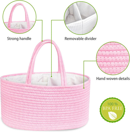 ABenkle Baby Diaper Caddy, Nursery Storage Bin and Car Organizer for Diapers and Baby Wipes, Cotton Rope Diaper Basket Caddy, Changing Table Diaper Storage Caddy