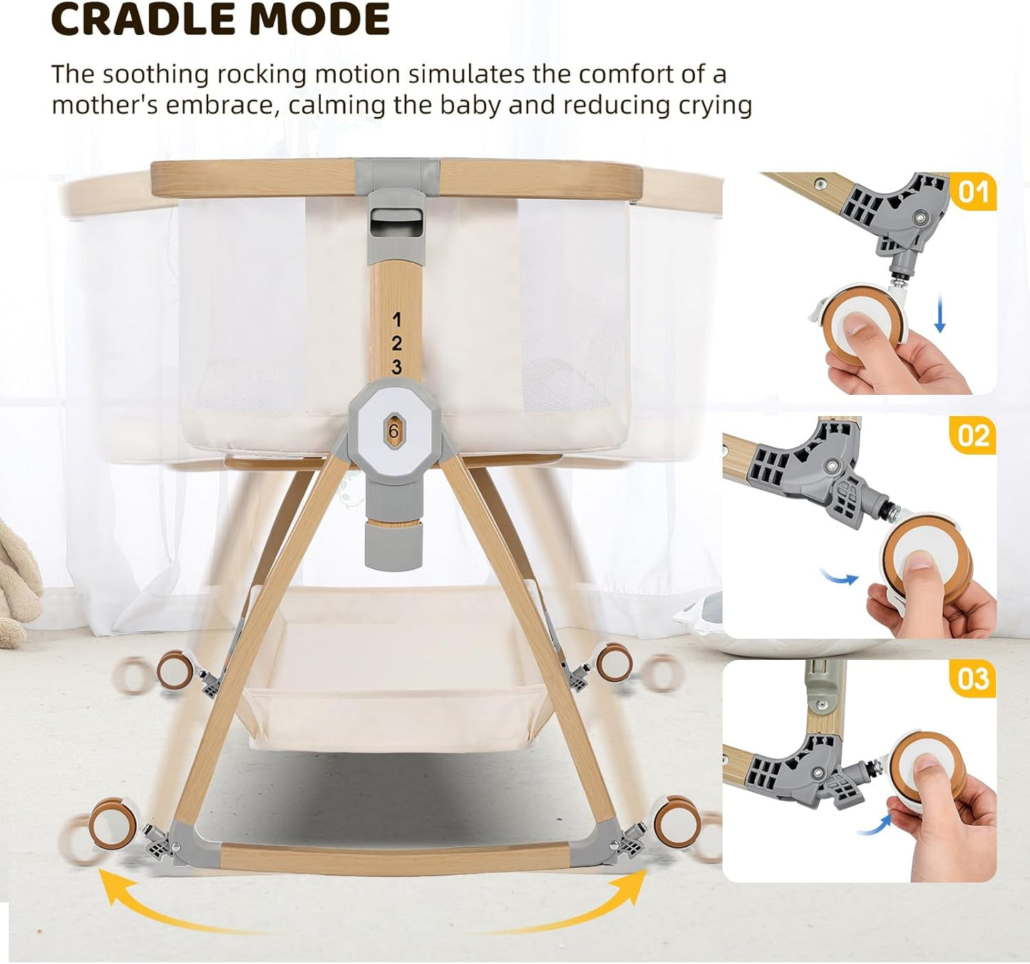 Bassinet Bedside Sleeper,Bedside Bassinet,Rocking Bassinet,3 in 1 Portable Bedside Crib with Mattress,Mobile,Mosquito Net,Storage Basket,6-Height Adjustable Baby Bassinet with Wheels for Newborn,Beige