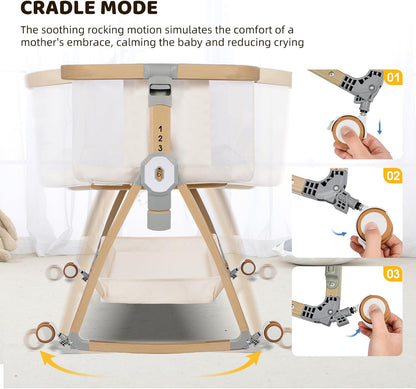 Bassinet Bedside Sleeper,Bedside Bassinet,Rocking Bassinet,3 in 1 Portable Bedside Crib with Mattress,Mobile,Mosquito Net,Storage Basket,6-Height Adjustable Baby Bassinet with Wheels for Newborn,Beige